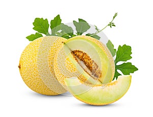 Yellow half cantaloupe melon with leaf  isolated on white background