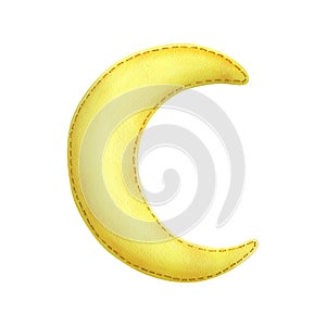 Yellow half moon from fabric with thread stitches. Watercolor illustration, hand drawn. Isolated element on a white