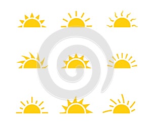 Yellow half sun vector icon logo. Silhouette circle sun summer sunshine collection half sunrise symbol morning icon