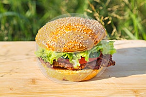 Yellow hamburger with meat steak, tomato, cucumber and lettuce on the background of a cutting board and green grass