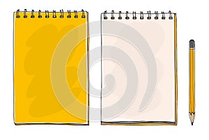 yellow hand drawn notebook and pencil cute art vector illustration