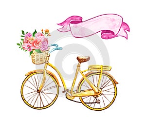 Yellow hand painted bicycle with basket and pink flowers, isolated on white background. Watercolor Summer festive illustration