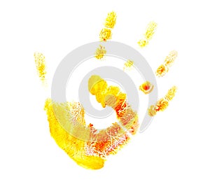 Yellow hand print of a child isolated on white background. Watercolor paints. Children paint traces from hands and fingers. Paint