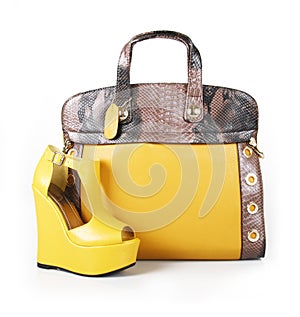 Yellow handbag and wedge shoe