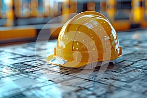 Yellow hard hat on blueprint at construction site representing engineering industry. Concept