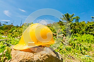 Yellow hard hat with a coffee plantation farm in