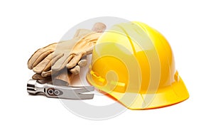 Yellow Hard Hat, Gloves and Hammer on White