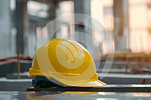 Yellow hard hat helmet ensures safety on construction site