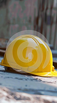 Yellow hard hat helmet ensures safety on construction site