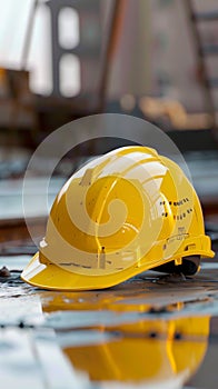 Yellow hard hat helmet ensures safety on construction site