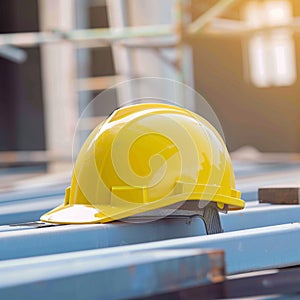 Yellow hard hat helmet ensures safety on construction site