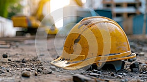 A yellow hard hat laying on the ground next to a construction site, AI