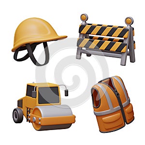 Yellow hard hat, mobile barricade, road roller, orange vest