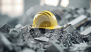 Yellow hard hat resting on pile of rubble Construction site safety