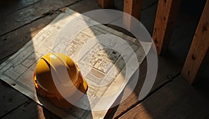 Yellow hard hat rests on architectural blueprints. Construction project design layout is on a wooden surface. Building work site