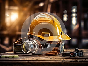 Yellow hard hat, safety glasses, and flashlight placed on top of wooden table. The hard hat is positioned in center of