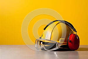 Yellow hard hat with safety goggles and earmuff for workplace safety