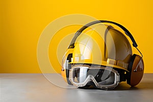 Yellow hard hat with safety goggles and earmuff for workplace safety