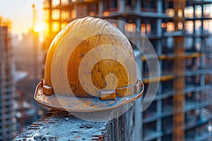 Yellow hard hat or safety helmet on the construction site with sunset background