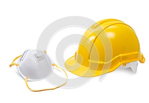 Yellow hard hat - safety helmet and N95 Mask on white