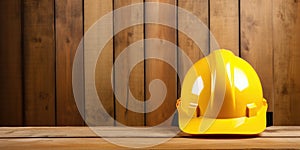 Yellow hard hat on wooden background with copy space. Construction concept. Banner 2:1