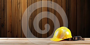 Yellow hard hat on wooden background with copy space. Construction concept. Banner 2:1