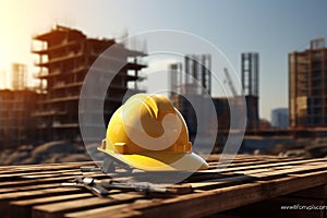 Yellow hard hat on a wooden table in front of a construction site