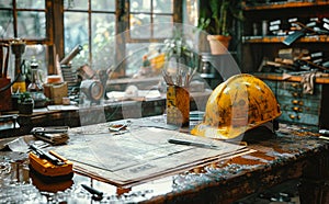 Yellow hard hat and work tools on the table in the workshop