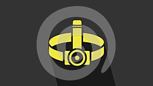 Yellow Head flashlight icon isolated on grey background. Tourist head flashlight. Camping head light. 4K Video motion