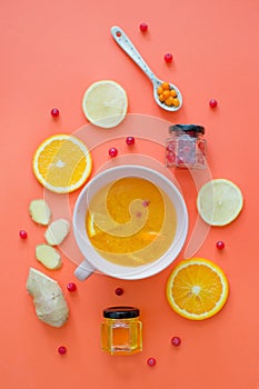 Yellow healthy drink with orange and cranberry. Health food and drink to boost immune system