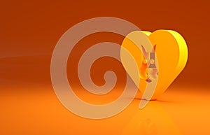 Yellow Heart with dog icon isolated on orange background. Pet paw in heart. Love to the animals. Minimalism concept. 3d