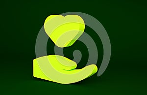 Yellow Heart in hand icon isolated on green background. Hand giving love symbol. Valentines day symbol. Minimalism