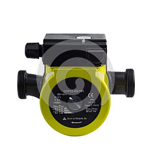 Yellow Heating Circulating Pump. With marks of technical characteristics on the case.