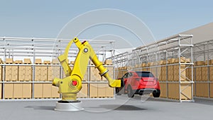 Yellow heavyweight robotic arm carrying red SUV in logistics center