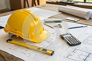 Yellow helmet, calculator, level, and project drawings