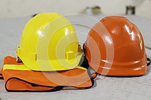 yellow helmet safety in construction site.