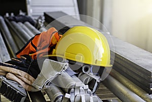 yellow helmet safety in construction site.