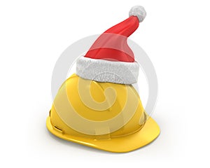 Yellow helmet with santa claus hat on top