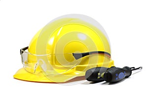 Yellow helmet with screwdrivers
