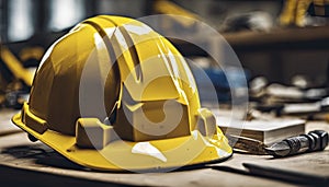 yellow helmet on the table, construction equipments on the table, building helmet background