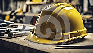 yellow helmet on the table, construction equipments on the table, building helmet background