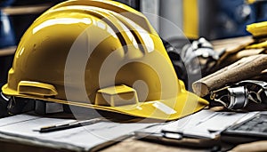 yellow helmet on the table, construction equipments on the table, building helmet background