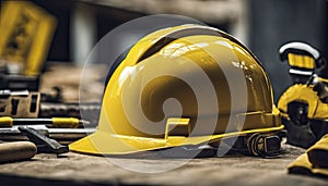 yellow helmet on the table, construction equipments on the table, building helmet background