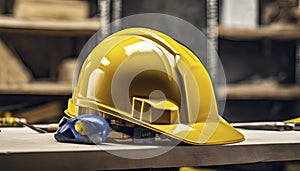 yellow helmet on the table, construction equipments on the table, building helmet background