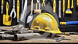 yellow helmet on the table, construction equipments on the table, building helmet background