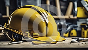 yellow helmet on the table, construction equipments on the table, building helmet background