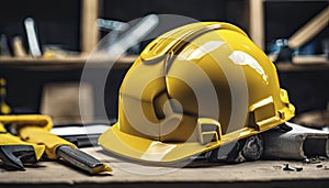 yellow helmet on the table, construction equipments on the table, building helmet background