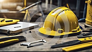 yellow helmet on the table, construction equipments on the table, building helmet background