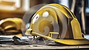 yellow helmet on the table, construction equipments on the table, building helmet background