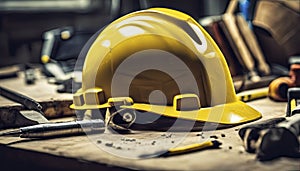 yellow helmet on the table, construction equipments on the table, building helmet background